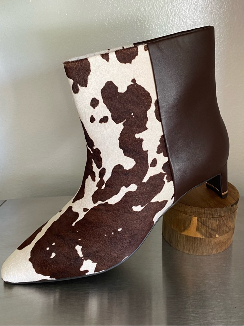 NEW-KENNETH COLE COW PRINT AND BROWN LEATHER ANKLE BOOT